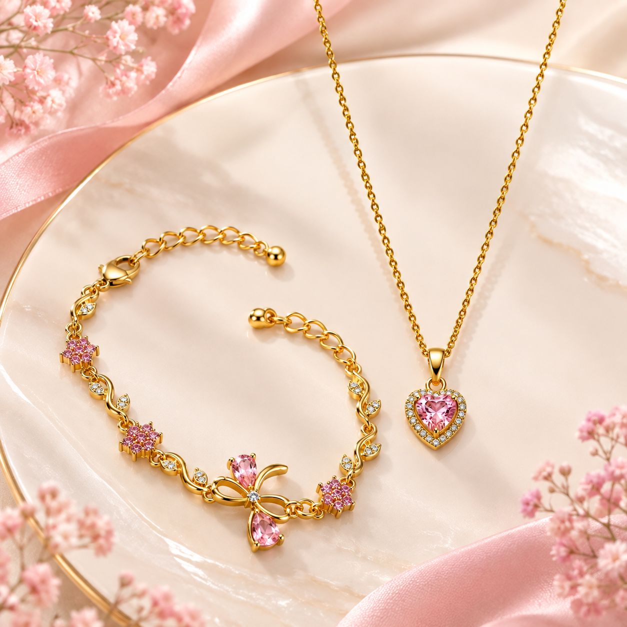 Parure Bijoux Femme – Élégance Dorée & Fleurs Roses